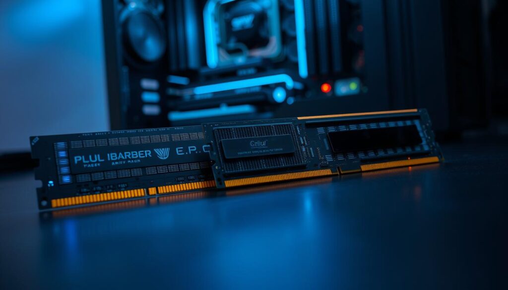 A close-up view of a set of RAM sticks laid out on a sleek black surface, showcasing their intricate circuitry and glowing LED lights. The foreground features two different brands of RAM side by side, one with a larger heat spreader and another with a compact design, emphasizing the contrast in size and style. In the middle ground, a partially open computer case reveals a motherboard with matching slots, illustrating their installation. The background includes soft, ambient lighting to highlight the technical details and textures of the RAM sticks, creating a professional and modern atmosphere. The angle should be slightly tilted to capture depth and focus on the RAM sticks while blurring the motherboard subtly, evoking a sense of precision and optimization.