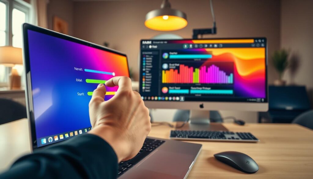 A computer desk setup featuring a modern laptop and a desktop monitor displaying a colorful graphical user interface for RAM allocation. In the foreground, focus on a hand adjusting a colorful sliders on the screen to manage RAM settings, symbolizing precise control. The middle layer shows various applications with their RAM usage depicted as vibrant bars, illustrating the concept of allocation. In the background, a softly lit room with warm lighting creates a professional atmosphere, suggesting an efficient workspace. Use a wide-angle lens effect to emphasize the devices, creating depth. The overall mood is focused and productive, showcasing a tech-savvy environment conducive to enhancing application performance. A computer desk setup featuring a modern laptop and a desktop monitor displaying a colorful graphical user interface for RAM allocation. In the foreground, focus on a hand adjusting a colorful sliders on the screen to manage RAM settings, symbolizing precise control. The middle layer shows various applications with their RAM usage depicted as vibrant bars, illustrating the concept of allocation. In the background, a softly lit room with warm lighting creates a professional atmosphere, suggesting an efficient workspace. Use a wide-angle lens effect to emphasize the devices, creating depth. The overall mood is focused and productive, showcasing a tech-savvy environment conducive to enhancing application performance.