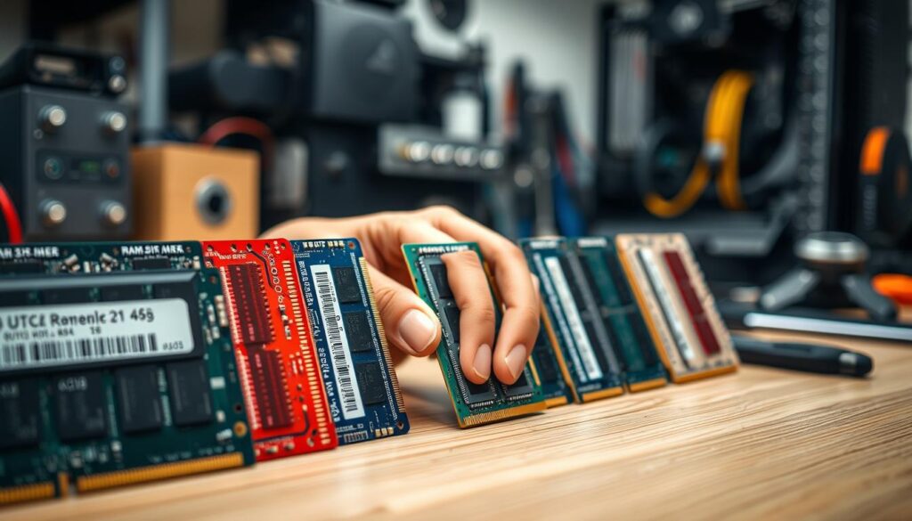 A detailed close-up of a variety of RAM sticks arranged neatly on a wooden workbench. The foreground features several RAM modules in different colors and capacities, showcasing their distinctive circuit designs and branding. In the middle, a hand in a professional attire is gently holding one of the RAM sticks, highlighting the meticulous care taken in selecting memory modules. The background is softly blurred to create depth, with computer components and tools subtly visible, suggesting a technical environment. The lighting is bright but diffused, casting soft shadows that enhance the texture of the RAM sticks. The mood is focused and professional, emphasizing the seriousness of proper memory installation practices.