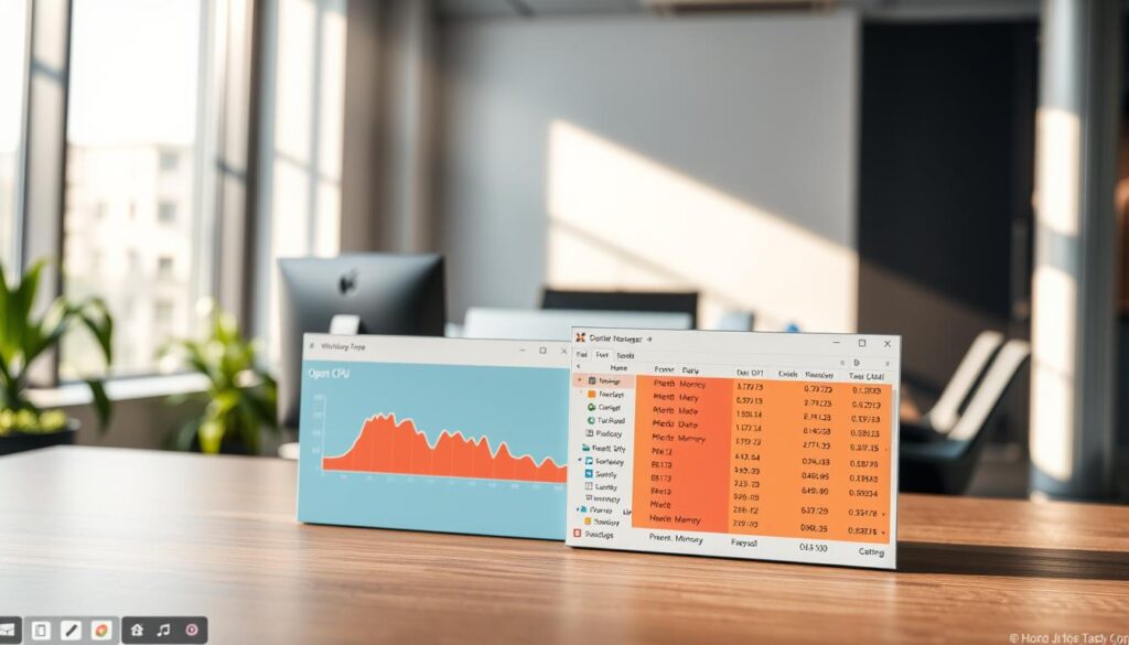 A detailed view of an "Open Task Manager" window on a modern Windows desktop, showcasing active processes and applications. The foreground features the Task Manager interface prominently, with graphs showing CPU and memory usage in vibrant colors. The middle ground includes an array of open application windows—such as a web browser, and a text editor—creating a dynamic work environment. In the background, a blurred view of a sleek office space with subtle lighting emphasizes a professional atmosphere. Soft, natural light streams in from a nearby window, casting gentle shadows across the desktop. The scene conveys a sense of urgency and focus, ideal for managing system performance and troubleshooting. A detailed view of an "Open Task Manager" window on a modern Windows desktop, showcasing active processes and applications. The foreground features the Task Manager interface prominently, with graphs showing CPU and memory usage in vibrant colors. The middle ground includes an array of open application windows—such as a web browser, and a text editor—creating a dynamic work environment. In the background, a blurred view of a sleek office space with subtle lighting emphasizes a professional atmosphere. Soft, natural light streams in from a nearby window, casting gentle shadows across the desktop. The scene conveys a sense of urgency and focus, ideal for managing system performance and troubleshooting.