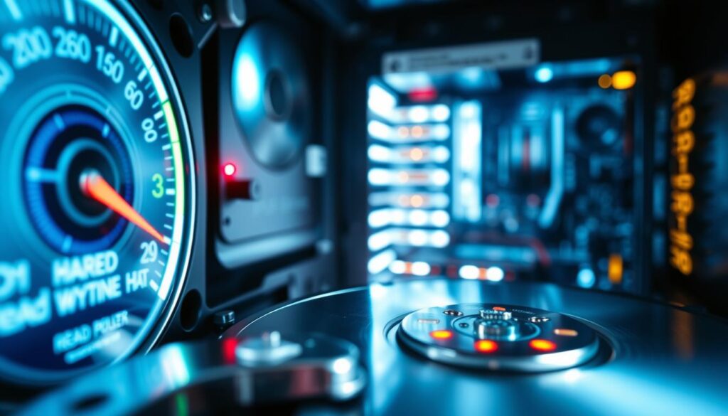 A dynamic visualization of disk performance, featuring a close-up view of a computer's hard drive, with intricate details highlighting its spinning disks and read/write heads in motion. In the foreground, display a digital gauge or monitor showcasing fluctuating performance metrics such as read and write speeds, perhaps with green and red indicators. In the middle ground, include a soft-focus view of a computer case with glowing LED lights, emphasizing a modern and high-performance feel. The background should be a subtle representation of a digital file system, featuring abstract data streams and binary codes to illustrate the concept of file system health. Use cool, clinical lighting to create a tech-savvy atmosphere, captured from a slightly angled perspective to convey depth and motion. A dynamic visualization of disk performance, featuring a close-up view of a computer's hard drive, with intricate details highlighting its spinning disks and read/write heads in motion. In the foreground, display a digital gauge or monitor showcasing fluctuating performance metrics such as read and write speeds, perhaps with green and red indicators. In the middle ground, include a soft-focus view of a computer case with glowing LED lights, emphasizing a modern and high-performance feel. The background should be a subtle representation of a digital file system, featuring abstract data streams and binary codes to illustrate the concept of file system health. Use cool, clinical lighting to create a tech-savvy atmosphere, captured from a slightly angled perspective to convey depth and motion.