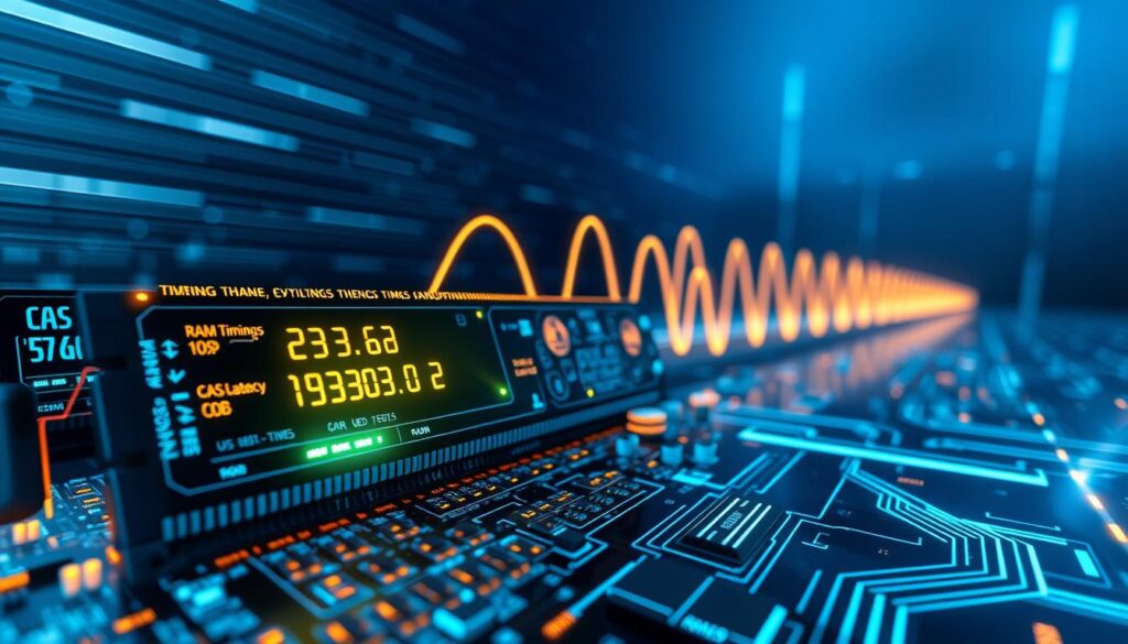 A futuristic visualization of memory clock cycles, highlighting the intricate interactions of RAM timings. In the foreground, a detailed, glowing circuit board with RAM modules prominently displayed, featuring luminous timings and CAS latency values in a sleek digital format. The middle ground should present vibrant, cascading waveforms representing clock cycles, with dynamic lines indicating speed and efficiency. The background can be a gradient of deep blue and black, reminiscent of a digital landscape, softly illuminated by pulsating lights to create a tech-focused atmosphere. Use a wide-angle lens effect for depth, capturing the essence of optimization in a modern computing environment, highlighting clarity and precision in the design.