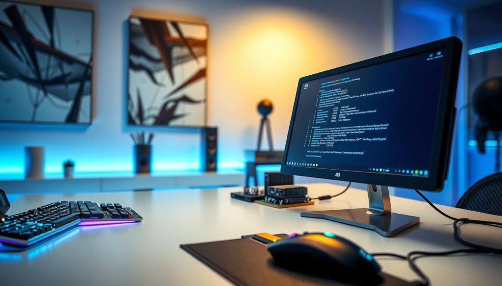A futuristic workspace scene displaying a high-tech desktop computer setup. In the foreground, a sleek, modern monitor showcases a vibrant command prompt window filled with advanced memory details and specifications. To the left, an elegant keyboard and mouse with RGB lighting illuminate the scene, enhancing the tech atmosphere. In the middle, a stylish desk with sophisticated design elements holds essential computer hardware components, like RAM sticks in varying sizes and a mini motherboard, all beautifully arranged. The background features a softly lit room with abstract tech-themed artwork and soft blue ambient lighting, creating a focused yet innovative mood. The image should convey a sense of professionalism and high-tech exploration, with everything in sharp focus, captured from a slight overhead angle to reveal the full workspace. A futuristic workspace scene displaying a high-tech desktop computer setup. In the foreground, a sleek, modern monitor showcases a vibrant command prompt window filled with advanced memory details and specifications. To the left, an elegant keyboard and mouse with RGB lighting illuminate the scene, enhancing the tech atmosphere. In the middle, a stylish desk with sophisticated design elements holds essential computer hardware components, like RAM sticks in varying sizes and a mini motherboard, all beautifully arranged. The background features a softly lit room with abstract tech-themed artwork and soft blue ambient lighting, creating a focused yet innovative mood. The image should convey a sense of professionalism and high-tech exploration, with everything in sharp focus, captured from a slight overhead angle to reveal the full workspace.