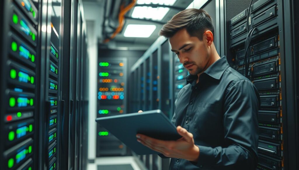 A sleek, modern server room filled with high-performance dedicated servers, displaying glowing LED indicators. In the foreground, a focused IT professional in smart casual attire is adjusting memory settings on a server, with a digital tablet in one hand. The background features racks of servers with visible, labeled memory modules and cables, emphasizing an organized environment. Soft, ambient lighting illuminates the room, highlighting the intricate details of the hardware. The mood is industrious and intense, reflecting a deep concentration on optimizing performance. The angle captures both the professional and the technology, giving a sense of depth and purpose to the image. A sleek, modern server room filled with high-performance dedicated servers, displaying glowing LED indicators. In the foreground, a focused IT professional in smart casual attire is adjusting memory settings on a server, with a digital tablet in one hand. The background features racks of servers with visible, labeled memory modules and cables, emphasizing an organized environment. Soft, ambient lighting illuminates the room, highlighting the intricate details of the hardware. The mood is industrious and intense, reflecting a deep concentration on optimizing performance. The angle captures both the professional and the technology, giving a sense of depth and purpose to the image.