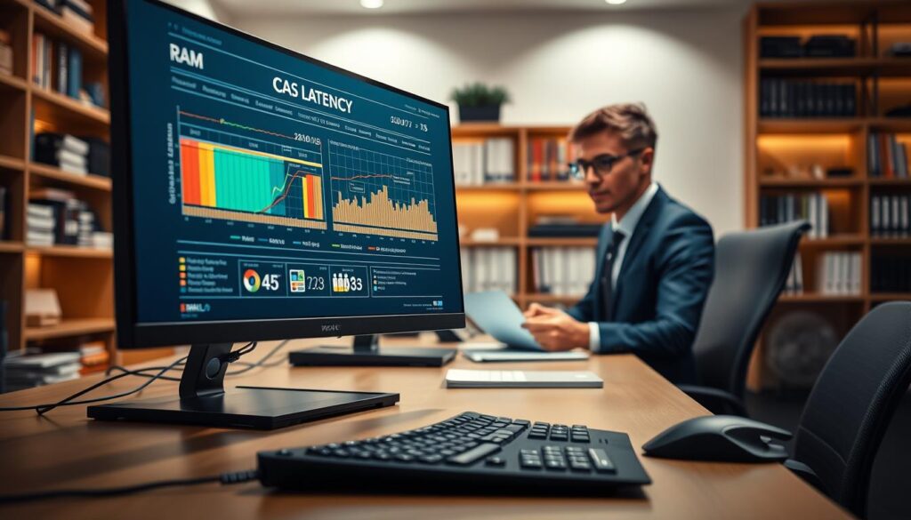 A sleek, modern workspace featuring an elegant desktop setup. In the foreground, a high-definition monitor displays an intricate, colorful infographic illustrating CAS latency, with precise timings and graphical representations of memory pathways. A stylish keyboard and mouse complement the setup, highlighting the technical aspect of RAM usage. In the middle ground, a professional-looking individual in business attire is analyzing the data, with focused expressions on their face. The background includes shelves filled with technical books and a soft-lit ambiance for a warm, inviting feel. Soft, diffused lighting emphasizes the clarity of the infographic, creating an atmosphere of innovation and understanding in technology. The perspective should be slightly angled to capture both the individual and the monitor prominently.