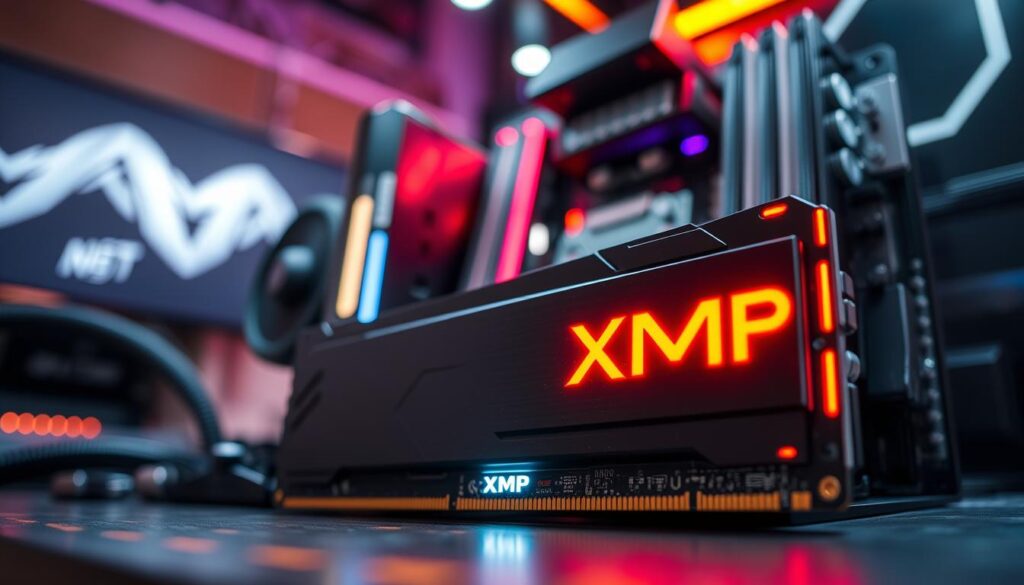 An advanced computer motherboard featuring highlighted XMP profile settings in a sleek, modern gaming setup. In the foreground, a close-up view of a high-performance RAM module with vibrant LED lights illuminating the text "XMP" prominently displayed on its side. The middle ground showcases the motherboard with clearly visible CPU and GPU connections, emphasizing a dynamic cooling system. The background shows a soft focus of a stylish gaming desk environment, with ambient lighting creating a futuristic feel. The overall ambiance is tech-savvy and energizing, hinting at speed and performance. Use natural lighting to enhance the details, with a slight lens flare effect to give it depth, focusing on clarity and vibrancy to attract readers' attention. An advanced computer motherboard featuring highlighted XMP profile settings in a sleek, modern gaming setup. In the foreground, a close-up view of a high-performance RAM module with vibrant LED lights illuminating the text "XMP" prominently displayed on its side. The middle ground showcases the motherboard with clearly visible CPU and GPU connections, emphasizing a dynamic cooling system. The background shows a soft focus of a stylish gaming desk environment, with ambient lighting creating a futuristic feel. The overall ambiance is tech-savvy and energizing, hinting at speed and performance. Use natural lighting to enhance the details, with a slight lens flare effect to give it depth, focusing on clarity and vibrancy to attract readers' attention.
